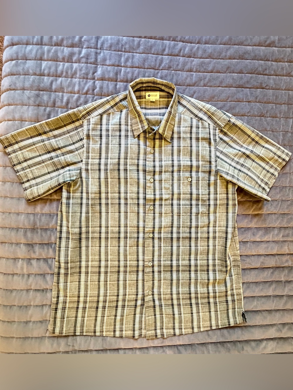 Haggar Men's Short-Sleeve Plaid Button-Down Shirt - Beige, Black
